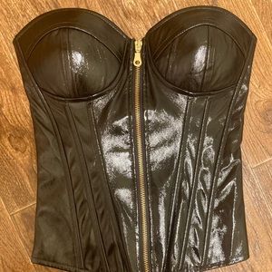 New Faux Leather Zip Up Corset Black Small